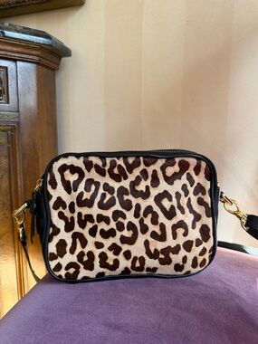 margot Leather Leopard Fur Crossbody with Black Trim and Gold Hardware